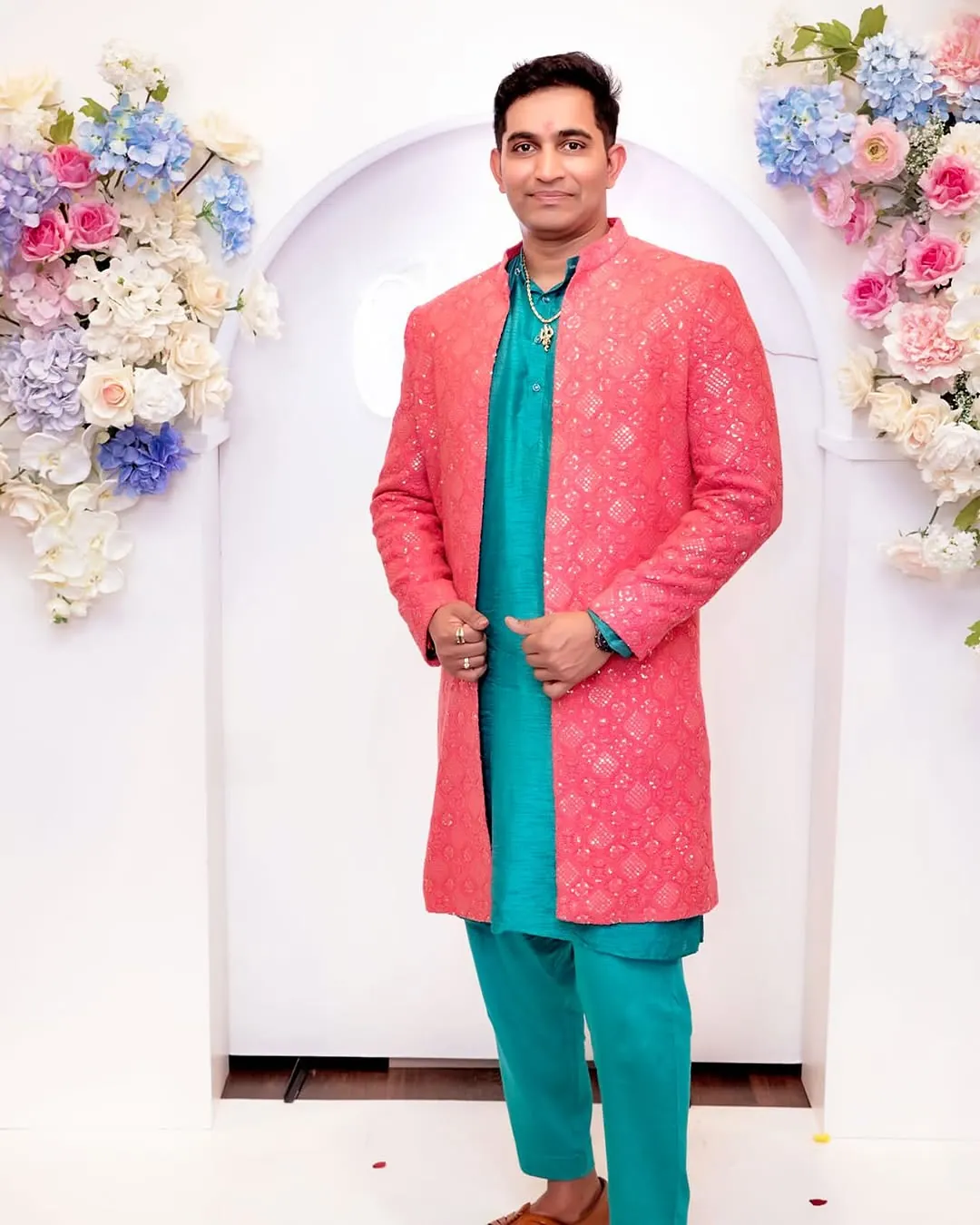 Coral & Turquoise Men's Ensemble — Men's Ethnic by Aarchi's by Archana Soni