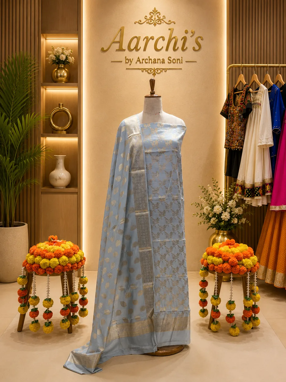 Ice Blue Floral Jaal Silk Suit — Dress Material by Aarchi's by Archana Soni