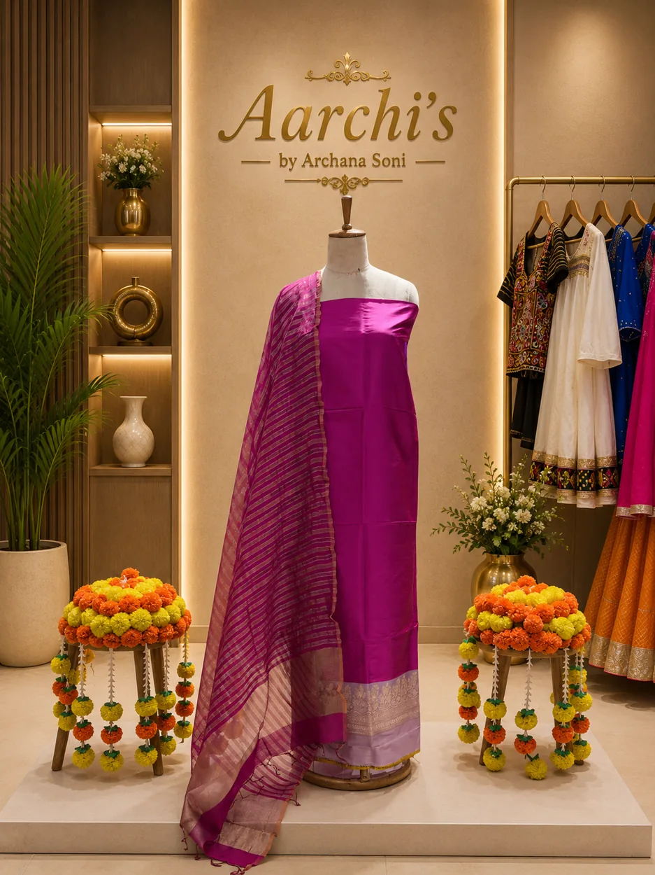 Magenta Zari-Stripe Silk Suit — Dress Material by Aarchi's by Archana Soni