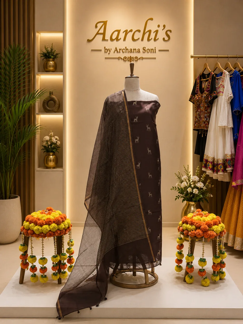 Mahogany Stag Jacquard Silk Suit — Dress Material by Aarchi's by Archana Soni