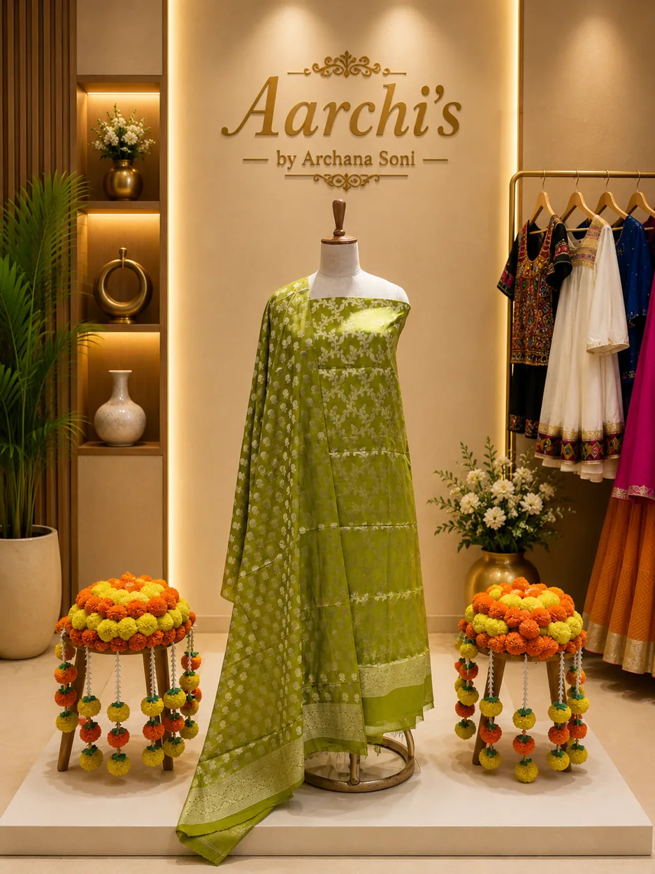 Olive Floral Jaal Silk Suit — Dress Material by Aarchi's by Archana Soni