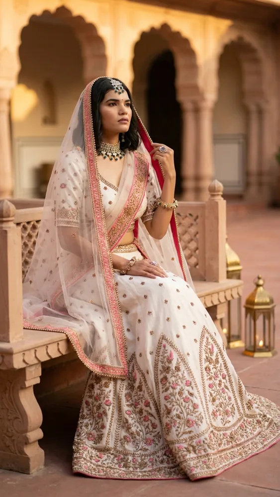 Blush pastel bridal lehenga at dusk — recent work by Aarchi's on Instagram
