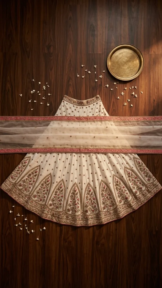 Flat-lay of the Blush Pastel Bridal Lehenga — ivory skirt with embroidered arch panels and sheer pink-bordered dupatta