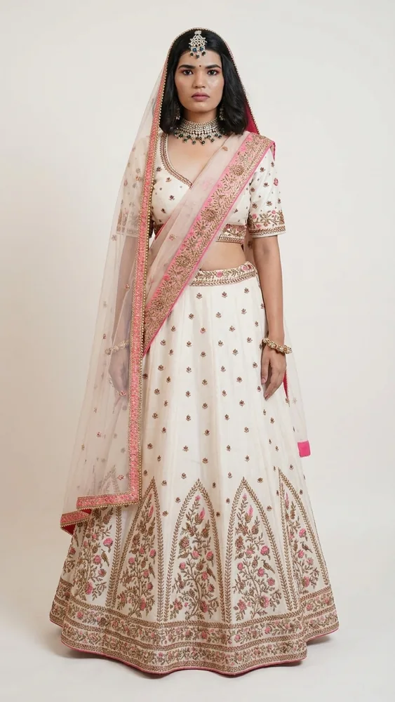 Model wearing the Blush Pastel Bridal Lehenga by Aarchi's by Archana Soni, Ahmedabad — ivory-blush lehenga with khat work