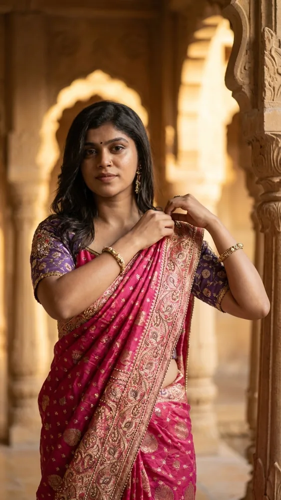 Rani-pink saree pallu detail — recent work by Aarchi's on Instagram