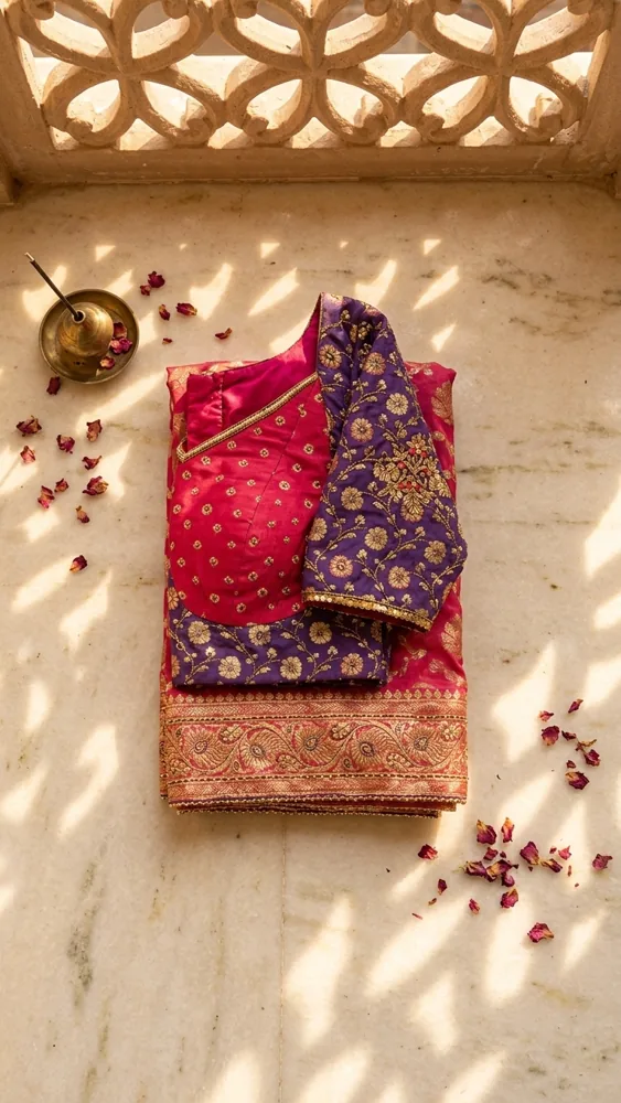 Flat-lay of the Ivory Elegance Saree — rani-pink silk saree with zari border and purple blouse with gold floral embroidery, rose petals on marble