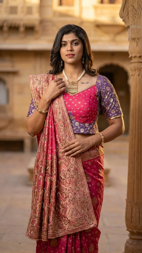 Portrait in golden-hour courtyard light wearing the rani-pink Ivory Elegance Saree with purple gold-embroidered blouse
