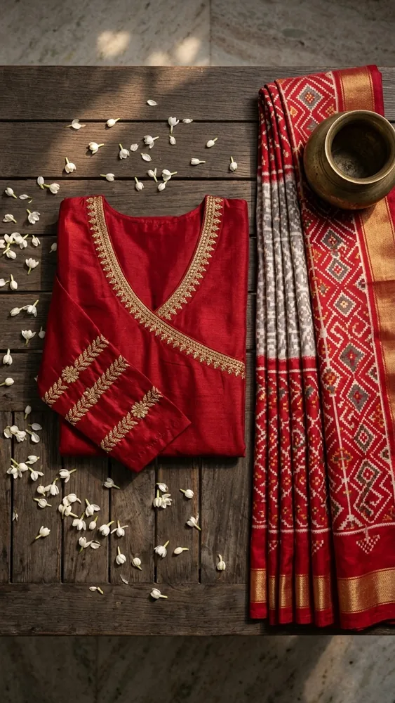Flat-lay of the Scarlet Grace Anarkali — red angrakha-style top with gold embroidery and patola-patterned dupatta with gold zari border