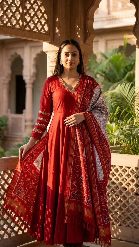 Portrait at a jharokha balcony — Scarlet Grace Anarkali with tasselled patola-patterned dupatta