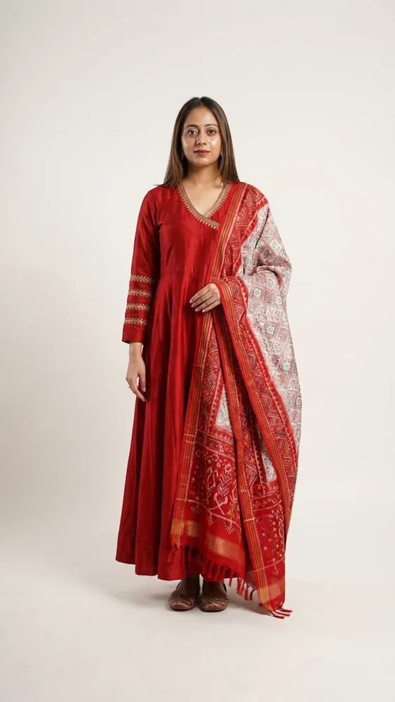Model wearing the Scarlet Grace Anarkali by Aarchi's by Archana Soni, Ahmedabad — red flared Anarkali with patola-patterned dupatta