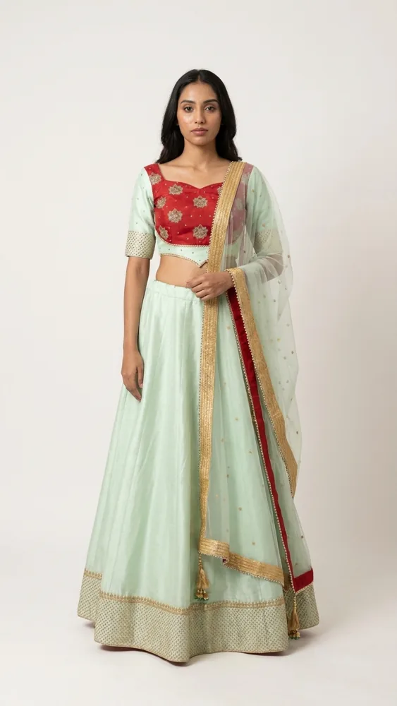Model wearing the Contemporary Pastel Bride lehenga by Aarchi's by Archana Soni, Ahmedabad