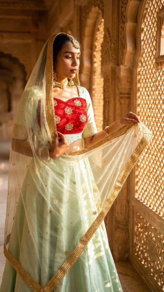 Bridal portrait — Contemporary Pastel Bride lehenga with dupatta worn as veil in palace light