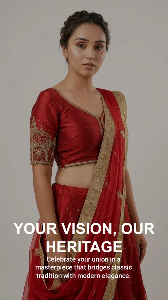Your vision, our heritage — a red bridal saree bridging classic tradition and modern elegance