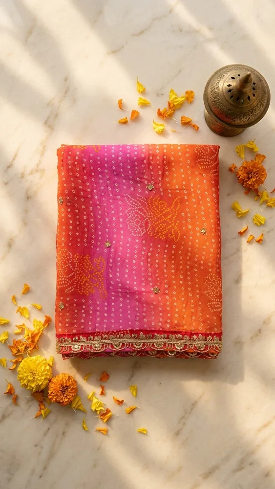 Flat-lay of the Sunset Bandhani Ombré Dupatta — pink-to-orange bandhej silk with gold zari border, marigold flowers on marble
