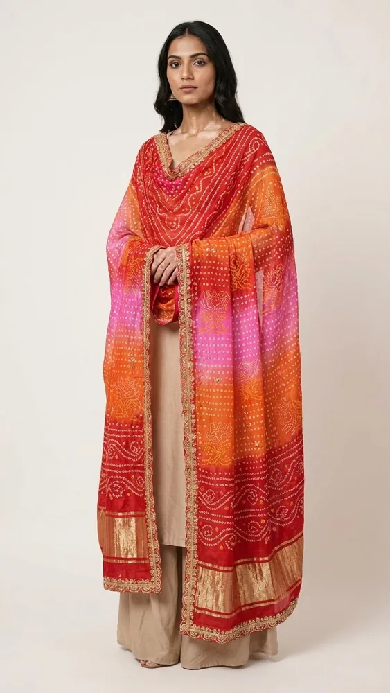 Model wearing the Sunset Bandhani Ombré Dupatta by Aarchi's by Archana Soni over a beige kurta